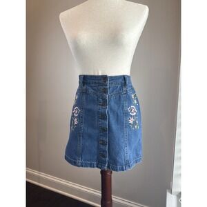 Mud Embroidered Denim Mini Skirt Button Front Floral Jean Skirt Size 1 Boho Y2K